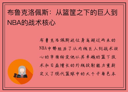 布鲁克洛佩斯：从篮筐之下的巨人到NBA的战术核心